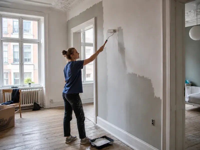 ung kvinde der er ved at male vægge i en ældre dansk københavner lejlighed